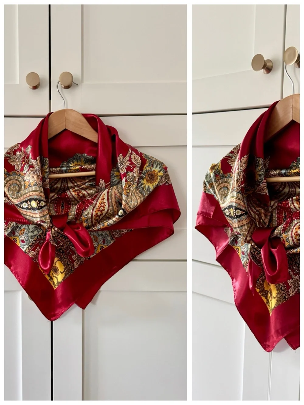 Boho Paisley Print Silky Satin Square Neck Scarf, Red Maroon Burgundy & Gold